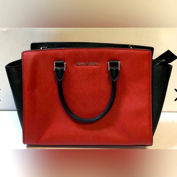 Michael Kors Leather Selma Large Colorblock Satchel Red Black